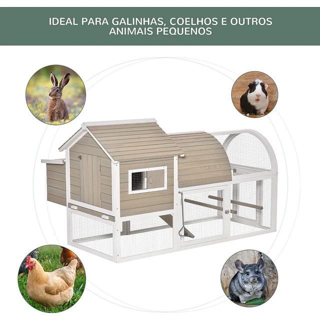 Galinheiro exterior de madeira de abeto com zona aberta chocadeira barras bandeja removível e rampa 180×80,5x130cm natural e branco