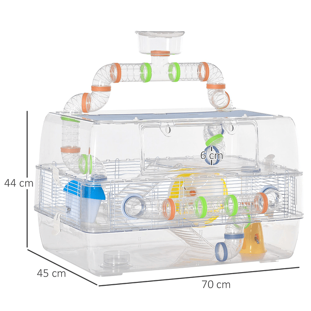 Gaiola para hamster gaiola para roedores pequenos de 3 pisos com escadas comedouro bebedouro roda tubos e acessórios incluidos 70x45x44cm transparente