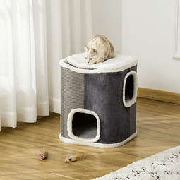 Barril arranhador para gatos de 2 níveis com caverna de sisal pelúcia suave e plataforma de velo 40x40x49cm cinza