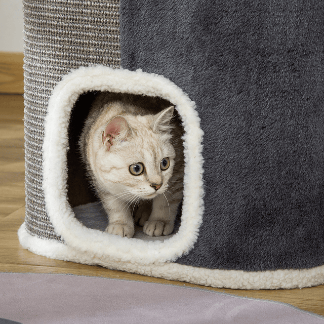 Barril arranhador para gatos de 2 níveis com caverna de sisal pelúcia suave e plataforma de velo 40x40x49cm cinza