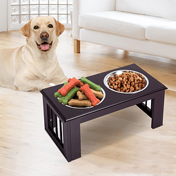 Comedouro elevado para cães com 2 tigelas removíveis de aço inoxidável 58,4×30,5×25,4 cm marrom escuro