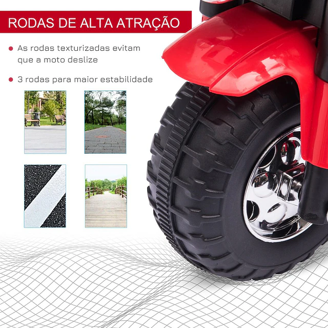Motocicleta elétrica infantil com 3 rodas triciclo a bateria 6v para crianças de 18-36 meses com farol buzina 72x57x56cm vermelho