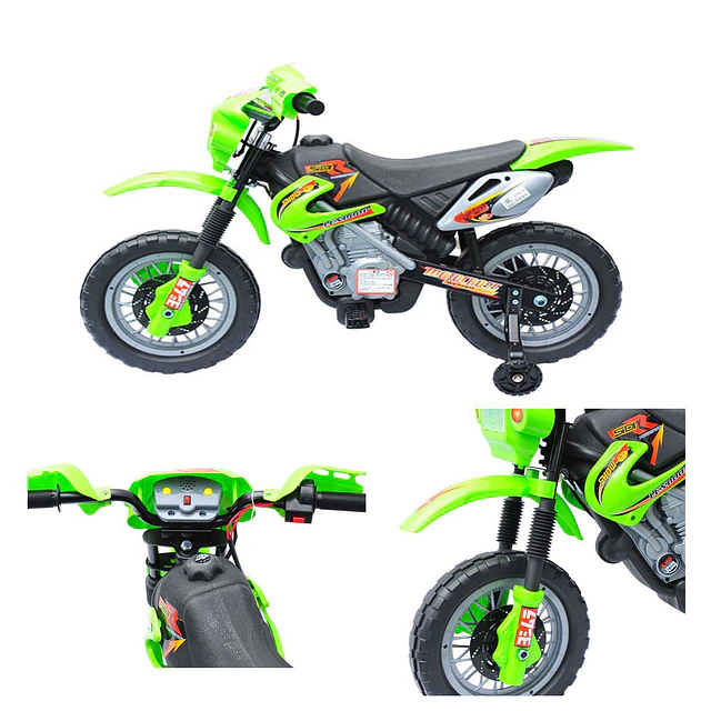 Mota elétrica infantil com bateria com rodinhas de apoio – cor: verde – material pp