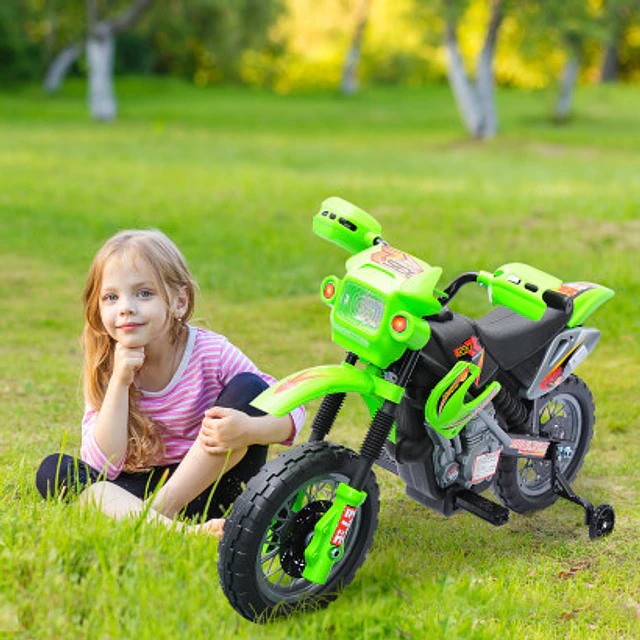 Mota elétrica infantil com bateria com rodinhas de apoio – cor: verde – material pp