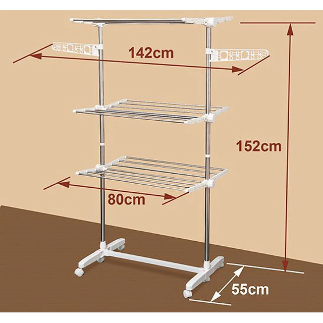Estendal para roupa dobrável 80x55x152cm com 6 rodas e 3 prateleiras com altura ajustável de aço inoxidável prateado