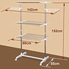 Estendal para roupa dobrável 80x55x152cm com 6 rodas e 3 prateleiras com altura ajustável de aço inoxidável prateado