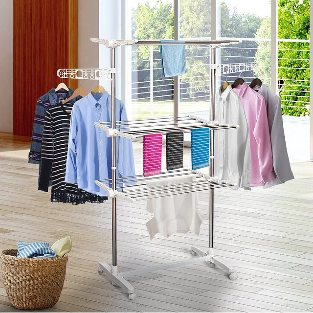 Estendal para roupa dobrável 80x55x152cm com 6 rodas e 3 prateleiras com altura ajustável de aço inoxidável prateado