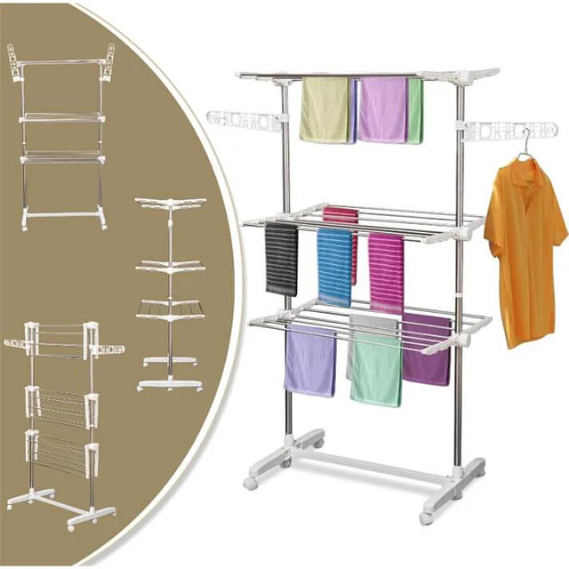 Estendal para roupa dobrável 80x55x152cm com 6 rodas e 3 prateleiras com altura ajustável de aço inoxidável prateado
