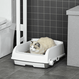 Caixa de areia para gatos caixa de areia aberta semi-automática com botão ancinho bandeja removível e borda alta 62×46,5×19,5cm branco