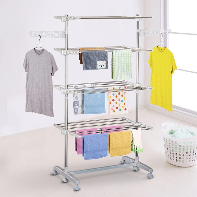 Estendal de roupa dobrável 80x55x172cm com 6 rodas e 4 prateleiras com altura ajustável de aço inoxidável prateado