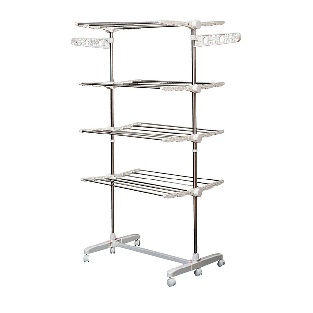 Estendal de roupa dobrável 80x55x172cm com 6 rodas e 4 prateleiras com altura ajustável de aço inoxidável prateado