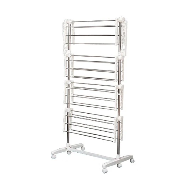 Estendal de roupa dobrável 80x55x172cm com 6 rodas e 4 prateleiras com altura ajustável de aço inoxidável prateado