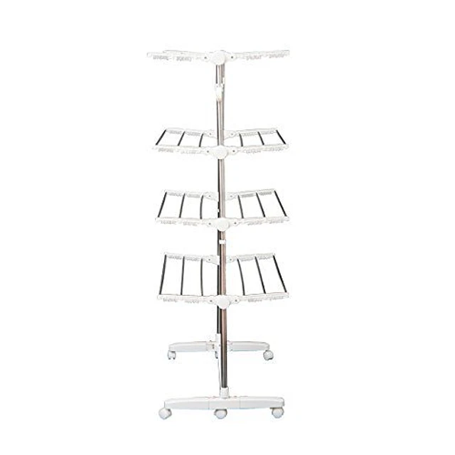 Estendal de roupa dobrável 80x55x172cm com 6 rodas e 4 prateleiras com altura ajustável de aço inoxidável prateado
