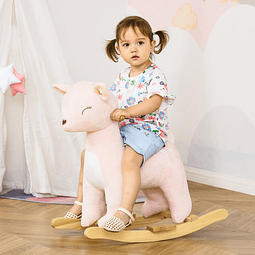 Baloiço infantil de cervo para crianças acima de 3 anos baloiço com sons realistas de pelúcia e base de madeira carga 45kg 68×35,5x64cm rosa