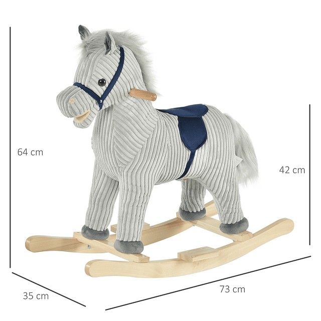 Baloiço infantil de cavalo para crianças acima de 3 anos baloiço de pelúcia com sons de relinchos e galopes e base de madeira 73x35x64cm azul e cinza