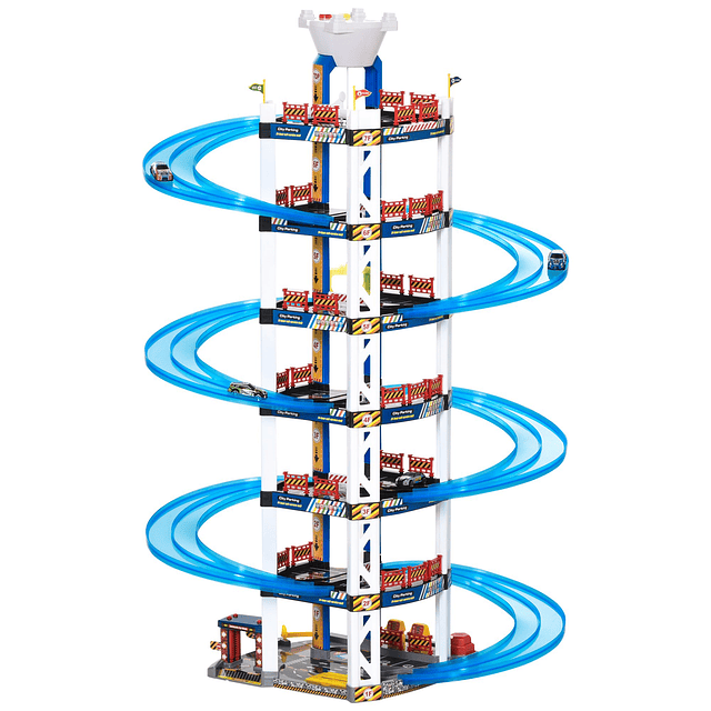 Estacionamento infantil de 7 andares garagem de brinquedo inclui elevador elétrico com luz e sons dupla pista e 4 carros de corrida para acima de 3 anos 64x59x113cm azul e branco