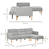 Sofá cama com chaise longue de 3 lugares com encosto ajustável apoio para os braços e apoio para os pés móvel 207x81x80cm cinza claro