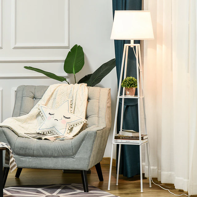 Lâmpada de pé Tripé de metal Soquete E27 de Máximo 40W com tela de linho e prateleira de 2 níveis 35,5×35,5×158 cm Branco