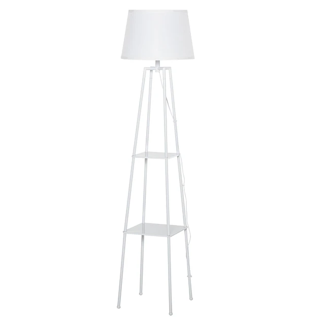 Lâmpada de pé Tripé de metal Soquete E27 de Máximo 40W com tela de linho e prateleira de 2 níveis 35,5×35,5×158 cm Branco