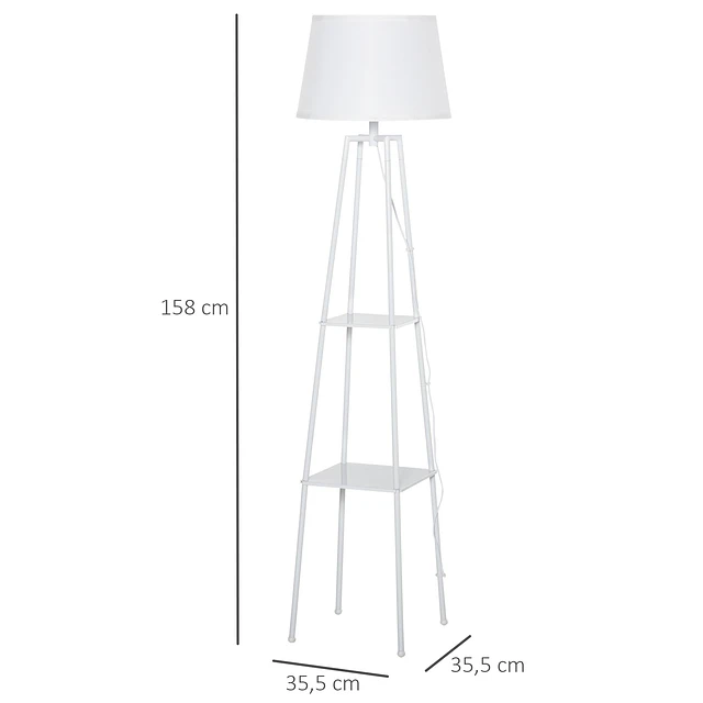 Lâmpada de pé Tripé de metal Soquete E27 de Máximo 40W com tela de linho e prateleira de 2 níveis 35,5×35,5×158 cm Branco
