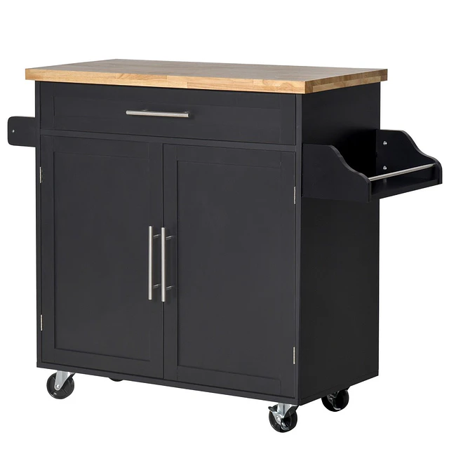 Carrinho de cozinha com armário portas e prateleira interior ajustável gaveta barra e suporte para temperos móvel aparador auxiliar com rodas para sala de jantar 109x40x89cm preto