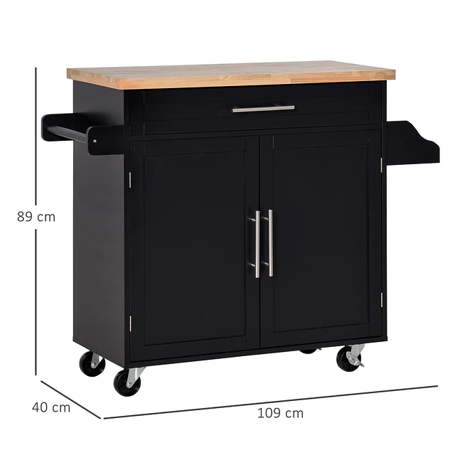 Carrinho de cozinha com armário portas e prateleira interior ajustável gaveta barra e suporte para temperos móvel aparador auxiliar com rodas para sala de jantar 109x40x89cm preto