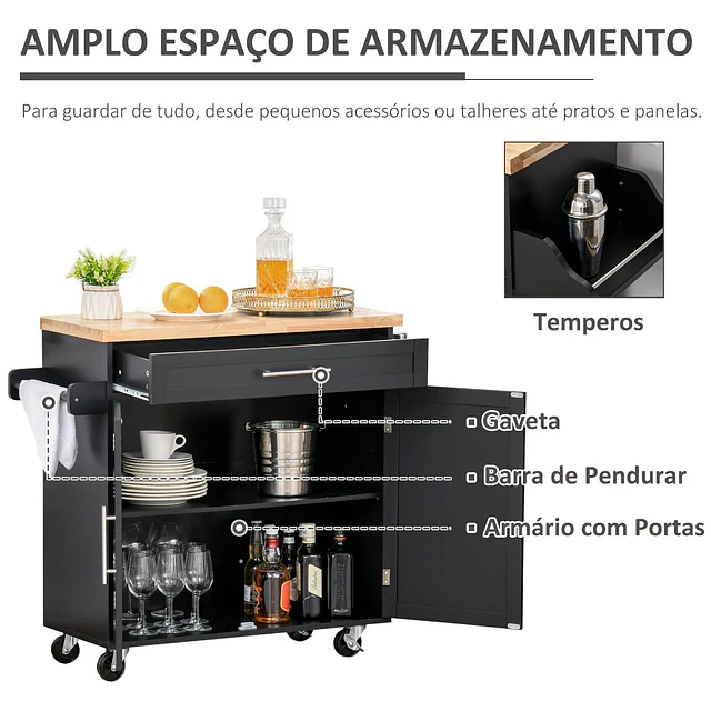 Carrinho de cozinha com armário portas e prateleira interior ajustável gaveta barra e suporte para temperos móvel aparador auxiliar com rodas para sala de jantar 109x40x89cm preto