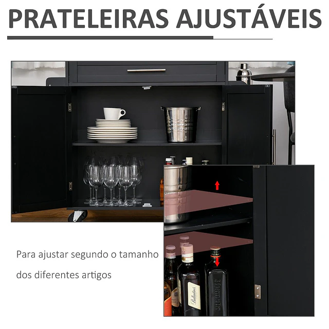 Carrinho de cozinha com armário portas e prateleira interior ajustável gaveta barra e suporte para temperos móvel aparador auxiliar com rodas para sala de jantar 109x40x89cm preto