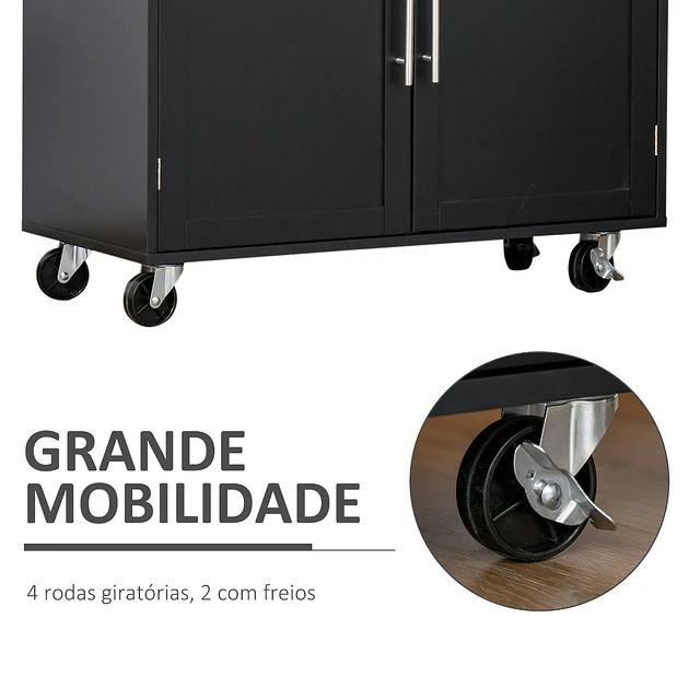 Carrinho de cozinha com armário portas e prateleira interior ajustável gaveta barra e suporte para temperos móvel aparador auxiliar com rodas para sala de jantar 109x40x89cm preto
