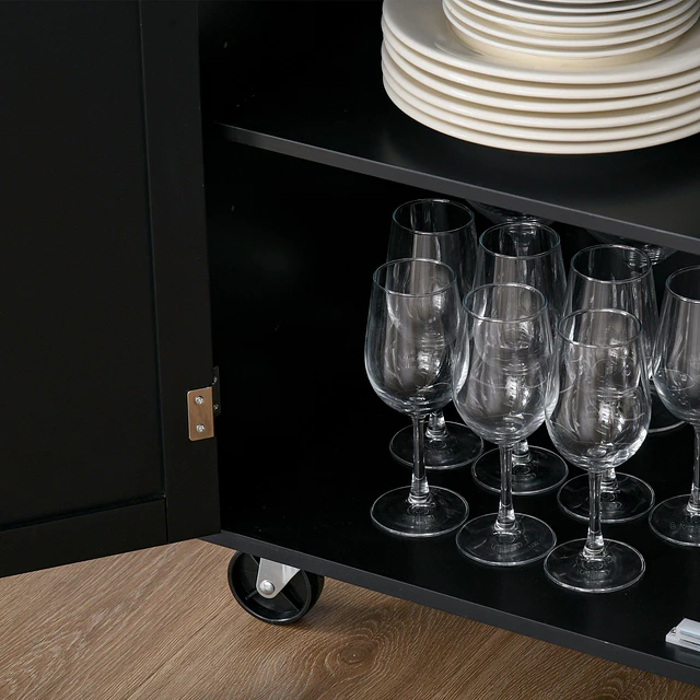 Carrinho de cozinha com armário portas e prateleira interior ajustável gaveta barra e suporte para temperos móvel aparador auxiliar com rodas para sala de jantar 109x40x89cm preto