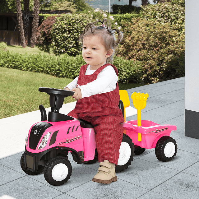Trator para crianças de 12-36 meses com reboque removível carro andador com buzina farol pá e ancinho carga 25kg 91x29x44cm rosa