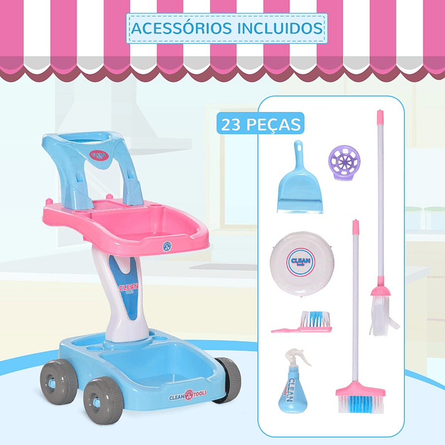 Carrinho de limpeza para crianças acima de 3 anos com robot aspirador elétrico com luzes e sons 23 acessórios incluídos 42x32x49,5cm rosa e azul