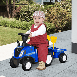 Trator para crianças de 12-36 meses com reboque removível carro andador com buzina farol pá e ancinho carga 25kg 91x29x44cm azul