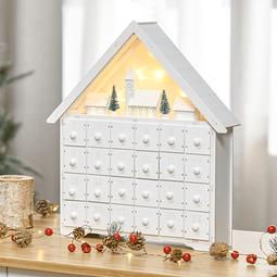 Calendário de advento de natal madeira com 24 gavetas e luzes led decoração de natal modelo casinha 39x9x42cm branco