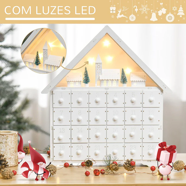 Calendário de advento de natal madeira com 24 gavetas e luzes led decoração de natal modelo casinha 39x9x42cm branco