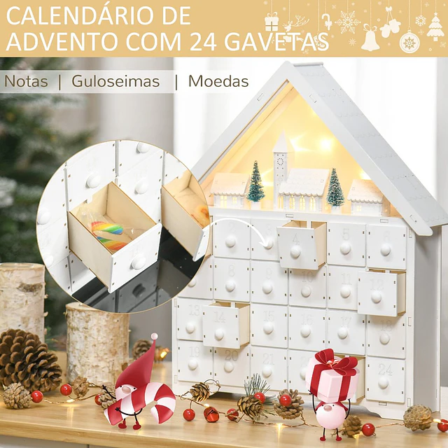 Calendário de advento de natal madeira com 24 gavetas e luzes led decoração de natal modelo casinha 39x9x42cm branco