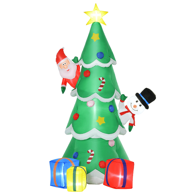 Árvore de natal inflável 180cm com luzes led decoração de papai noel boneco de neve e presentes com inflador para interior e exterior 115x105x180cm verde