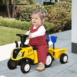 Trator para crianças de 12-36 meses com reboque removível carro andador com buzina farol pá e ancinho carga 25kg 91x29x44cm amarelo