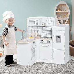 Cozinha de brinquedo de madeira para crianças acima de 3 anos cozinha infantil com frigorífico microondas lavatório e 14 acessórios 86x64x84,5cm branco