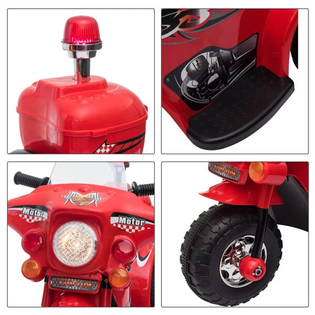 Mota Elétrica para Crianças de 18-36 Meses Motocicleta Infantil com 3 Rodas e Bateria 6V com Música Buzina Farol Baú 80x35x54cm Vermelho