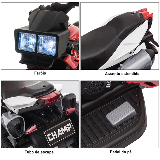 Motocicleta Elétrica Infantil com 3 Rodas para Crianças acima de 3 anos Triciclo com Pedal para Crianças Bateria 6V com Luzes Música Pneus Largos 86x42x52cm Vermelho