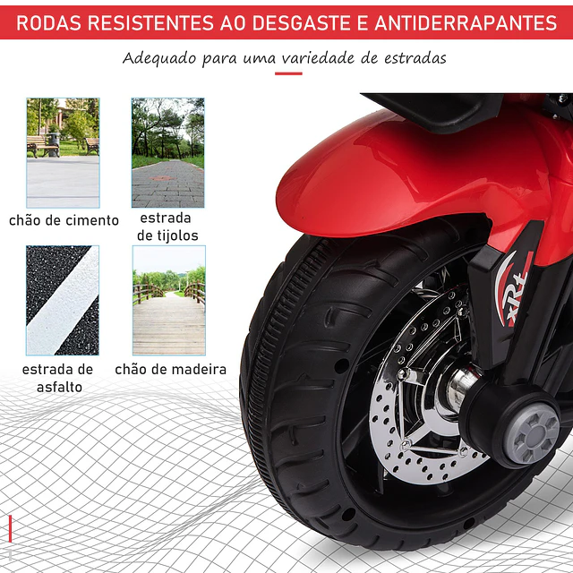 Motocicleta Elétrica Infantil com 3 Rodas para Crianças acima de 3 anos Triciclo com Pedal para Crianças Bateria 6V com Luzes Música Pneus Largos 86x42x52cm Vermelho