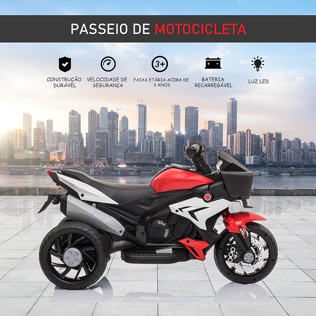 Motocicleta Elétrica Infantil com 3 Rodas para Crianças acima de 3 anos Triciclo com Pedal para Crianças Bateria 6V com Luzes Música Pneus Largos 86x42x52cm Vermelho