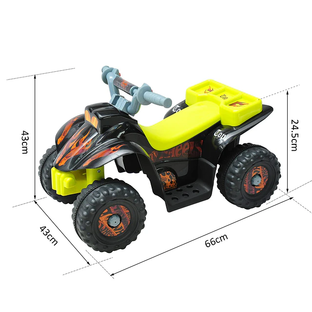 Quadriciclo bateria 6v mota elétrica para crianças acima de 18 meses velocidade 2,5km/h carga máx 20kg sons luzes e carregador incluido 66x43x43 preto e amarelo