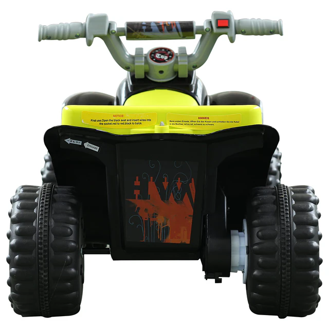 Quadriciclo bateria 6v mota elétrica para crianças acima de 18 meses velocidade 2,5km/h carga máx 20kg sons luzes e carregador incluido 66x43x43 preto e amarelo