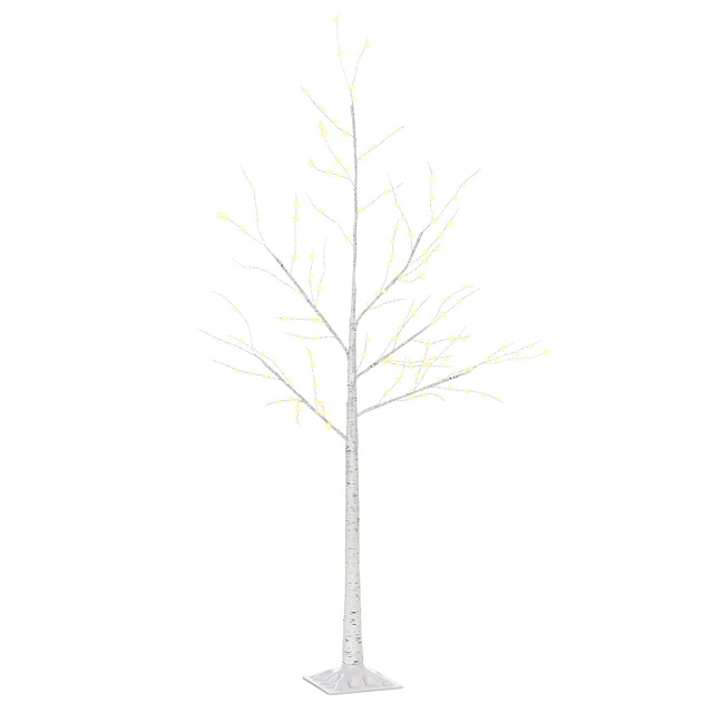 Árvore de bétula 150cm de altura com 210 luzes led em branco quente ramos flexíveis e base para decoração de festas aniversários casamentos 20x20x150cm branco