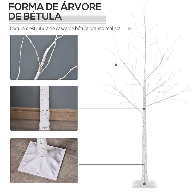 Árvore de bétula 150cm de altura com 210 luzes led em branco quente ramos flexíveis e base para decoração de festas aniversários casamentos 20x20x150cm branco