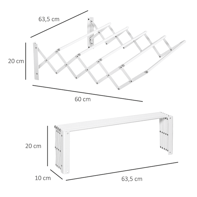 Estendal de parede extensível de 63,5cm de metal com 5 barra