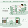 Conjunto de mesa e cadeira infantil 2 em 1 com prateleira conjunto de mesa e cadeira para crianças com 4 prateleiras de armazenamento para livros brinquedo 150x35x62,5cm verde e branco