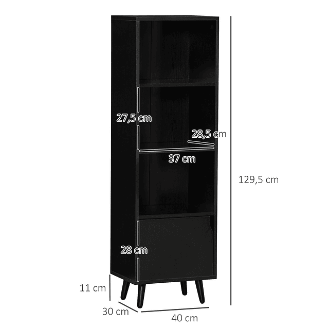 Estante com 3 prateleiras abertas e 1 fechada com porta estante de estilo moderno para armazenamento de livros brinquedos plantas 40x30x129,5cm preto